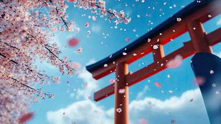 A stunning view of cherry blossoms gently falling around a traditional torii gate under a bright blue sky adorned with fluffy clouds, embodying springtime serenity and cultural beauty.の素材