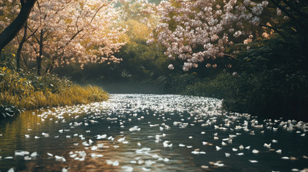 Experience a peaceful river scene adorned with delicate blossom petals floating gently on the water, surrounded by vibrant spring foliage and serene nature.の素材