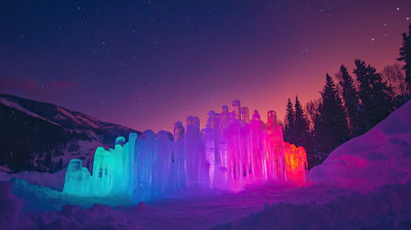 Stunning ice castle illuminated in vibrant colors at night, surrounded by a snow-covered landscape and mountains under a starry sky. A magical winter scene.の素材