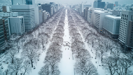 A stunning aerial view showcasing a snowy urban street lined with bare trees and people walking amid the winter landscape, creating a tranquil atmosphere.の素材