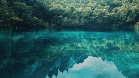This stunning image features crystal-clear blue water, surrounded by vibrant green forest. The reflection creates a serene atmosphere perfect for nature lovers.の素材