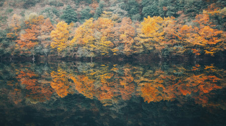 Stunning autumn landscape showcasing vibrant orange and yellow foliage reflected in calm water, creating a serene and tranquil scenery in nature.の素材