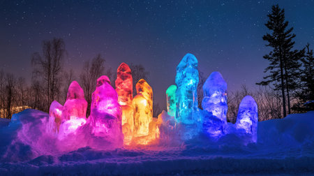 Stunning view of illuminated ice sculptures glowing in vibrant colors under a starry night sky, creating a magical winter wonderland atmosphere.の素材