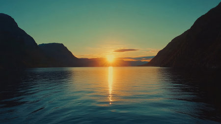 A breathtaking sunset casts warm hues over calm waters, framed by majestic mountains. This tranquil scene embodies the beauty of nature and serenity.の素材