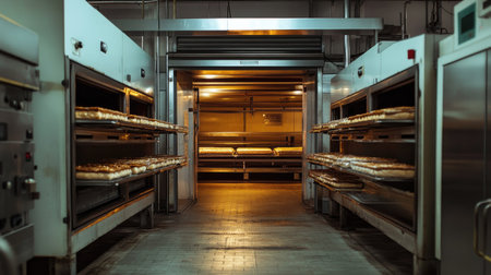 Explore a spacious and modern bakery interior featuring industrial ovens filled with fresh bread batches, showcasing the art and process of baking in a professional setting.の素材