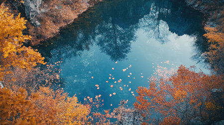 A stunning view of a calm water pool reflects vibrant autumn foliage. The serene landscape showcases breathtaking colors and a peaceful atmosphere.の素材