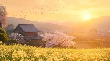 A breathtaking sunset illuminates blooming fields with vibrant flowers. A traditional house rests peacefully amidst nature's beauty, providing a serene landscape view.の素材