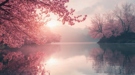 A breathtaking view of cherry blossoms reflecting in calm water at sunrise. The soft pink hues and gentle light create a tranquil and peaceful atmosphere, perfect for nature lovers.の素材