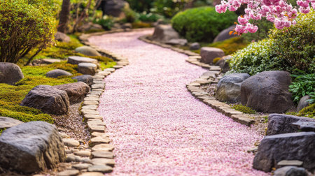 A beautiful garden pathway lined with pink blossoms and natural stones. The serene atmosphere invites relaxation and peaceful contemplation amidst lush greenery.の素材