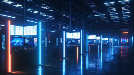 A captivating interior of a futuristic warehouse featuring neon lights and digital screens. The ambiance creates a vibrant and high-tech environment perfect for innovation.の素材
