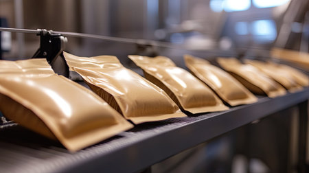 A close-up view of sealed pouches on a conveyor belt in a production facility. This image showcases the modern packaging process and machinery involved.の素材