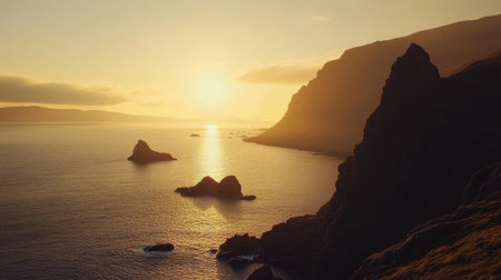 Experience the tranquility of a breathtaking sunset casting golden light over a rocky coastline, as gentle ocean waves lap the shore in this serene landscape.の素材