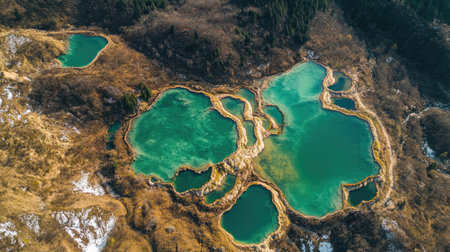 This stunning aerial shot captures vibrant green natural pools nestled in a serene landscape, surrounded by tranquil terrain and pristine nature.の素材