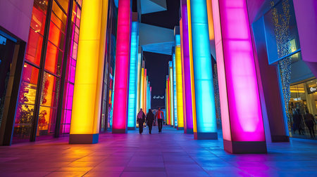 A vibrant nighttime scene featuring colorful illuminated columns guiding people walking through a modern urban pathway, showcasing dynamic lighting and contemporary architecture.の素材