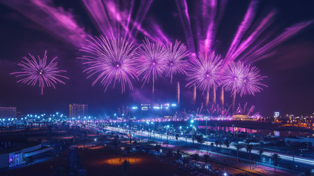 A stunning fireworks display lights up the night sky over a vibrant city, creating a magical atmosphere with purple hues and glowing lights. Perfect for celebration themes.の素材