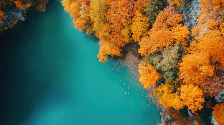 This stunning aerial view showcases vibrant autumn foliage around clear water, perfect for capturing the serene beauty of nature's seasonal changes.の素材