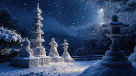 A serene snowy landscape featuring elegant stone lanterns and statues under a starry night sky. The peaceful scene captures the beauty of winter and tranquility.の素材