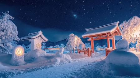 This captivating winter landscape features a snow-covered shrine illuminated by soft lights under a starry night sky, creating a peaceful and serene atmosphere.の素材