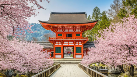 A stunning view of a traditional Japanese pagoda surrounded by blooming cherry blossom trees during spring, offering a serene and picturesque landscape.の素材
