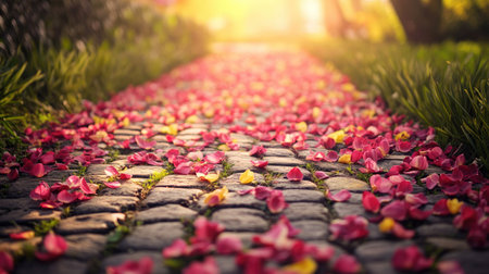A beautiful pathway adorned with colorful flower petals under a glowing sunset. The serene setting invites tranquility and warmth, perfect for outdoor moments.の素材