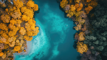 Stunning aerial perspective showcasing vibrant autumn foliage surrounding calm blue water, highlighting nature's beauty and seasonal change in harmony.の素材