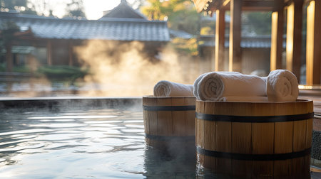 Experience serenity in a tranquil hot spring spa featuring wooden tubs filled with steaming water. Soft towels await for a perfect retreat.の素材