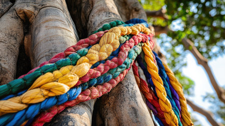 A close-up view of vibrant braided ropes artistically wrapped around the bark of an ancient tree, showcasing intricate textures and colors in a natural setting.の素材