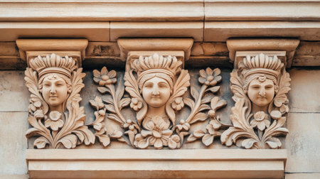 This ornate architectural relief showcases three female faces surrounded by intricate floral designs, highlighting the beauty of classic craftsmanship.の素材