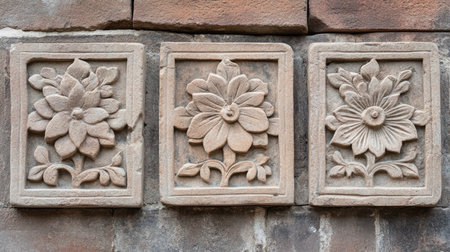 Discover the beauty of intricate stone reliefs featuring floral designs, showcasing craftsmanship and historical artistry on an ancient wall. Perfect for art enthusiasts.の素材