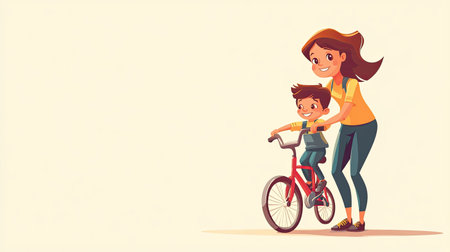 A cheerful illustration of a mother assisting her child as he rides a bicycle. This vibrant scene conveys joy, support, and the essence of family bonding during outdoor activities.の素材