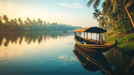 A serene river landscape featuring a traditional boat gently floating amidst lush palm trees under a soft morning light. Perfect for travel and nature themes.の素材