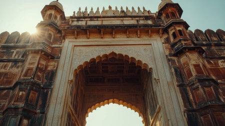 This stunning entrance features intricate architectural designs and textures, showcasing the beauty of historical craftsmanship under bright sunlight, perfect for travel enthusiasts.の素材