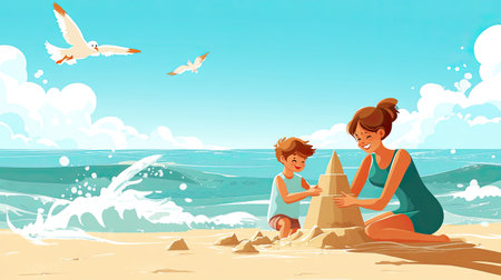 A mother and her son are joyfully building a sandcastle at the beach. The scene captures the fun of summer, showcasing waves, sunshine, and playful interactions in a vibrant, scenic environment.の素材
