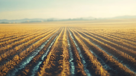 A serene view of a golden agricultural field, showcasing perfectly aligned rows under a soft sunset. The image captures the tranquility of rural life and nature's beauty.の素材