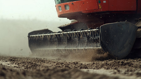 Powerful machinery works in a dusty agricultural field, showcasing the process of plowing soil to prepare for planting crops. The dusty environment enhances the action.の素材