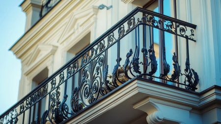 Captivating image of an elegant wrought iron balcony railing showcasing intricate designs and classic architectural details in a sunny setting.の素材