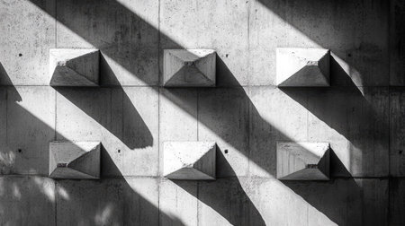 An abstract view of a concrete wall featuring geometric shapes casting intriguing shadows. This minimalist design highlights the interplay of light and texture.の素材