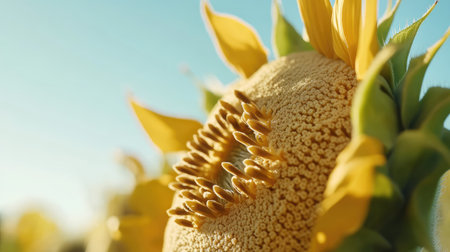 A captivating close-up view of a sunflower showcasing its bright yellow petals and intricate seed pattern under warm sunlight, symbolizing summer and nature's beauty.の素材