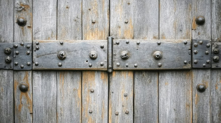 Close-up of a rustic wooden door featuring intricate metal hardware. The weathered texture showcases the charm of aged wood and craftsmanship. Perfect for architectural themes.の素材