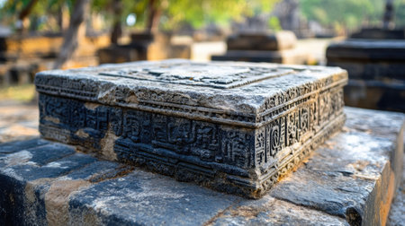 Discover an ancient stone relic adorned with intricate carvings, showcasing the artistry of a bygone civilization set against a serene natural landscape.の素材