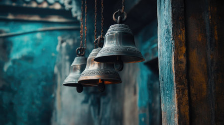 Three rustic metal bells hang in a weathered setting, creating a serene ambiance. The intricate craftsmanship and ancient texture evoke a sense of history and tranquility.の素材
