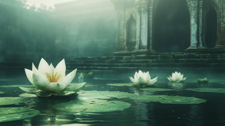Explore the tranquility of lotus flowers blooming in still water surrounded by ancient temple ruins enveloped in mist and soft light.の素材