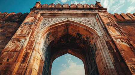 Captivating view of a majestic historic archway featuring intricate stone carvings against a backdrop of bright blue sky and fluffy clouds.の素材