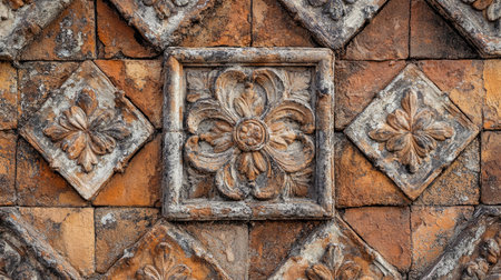 Close-up view of ornate floral relief on historical decorative wall tiles. The aged surface showcases intricate patterns and rich textures, emphasizing craftsmanship.の素材