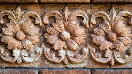 Close-up view of an ornate terracotta relief featuring floral motifs. This decorative design showcases intricate craftsmanship and warm tones, perfect for backgrounds or architectural themes.の素材