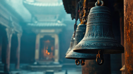 Experience the captivating beauty of ornate temple bells hanging in an ancient sanctuary, surrounded by a serene atmosphere that invites reflection and spirituality.の素材
