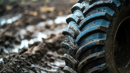 A detailed close-up of a muddy tire showcasing the rugged tread pattern, set against a natural backdrop. Captures the essence of off-road adventures.の素材