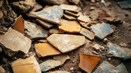 A close-up view of broken pottery shards scattered on the ground, showcasing a range of colors and textures. The earthy backdrop emphasizes the natural setting.の素材