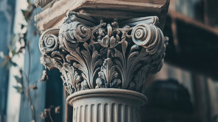 Close-up view of a classical architectural column showcasing intricate floral motifs and detailed craftsmanship, reflecting historical elegance and artistry.の素材