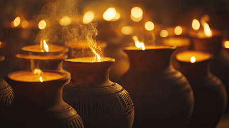 A captivating scene featuring glowing candles in clay pots, emitting a warm and tranquil ambiance. The delicate smoke rises against a dark backdrop, creating a serene atmosphere.の素材